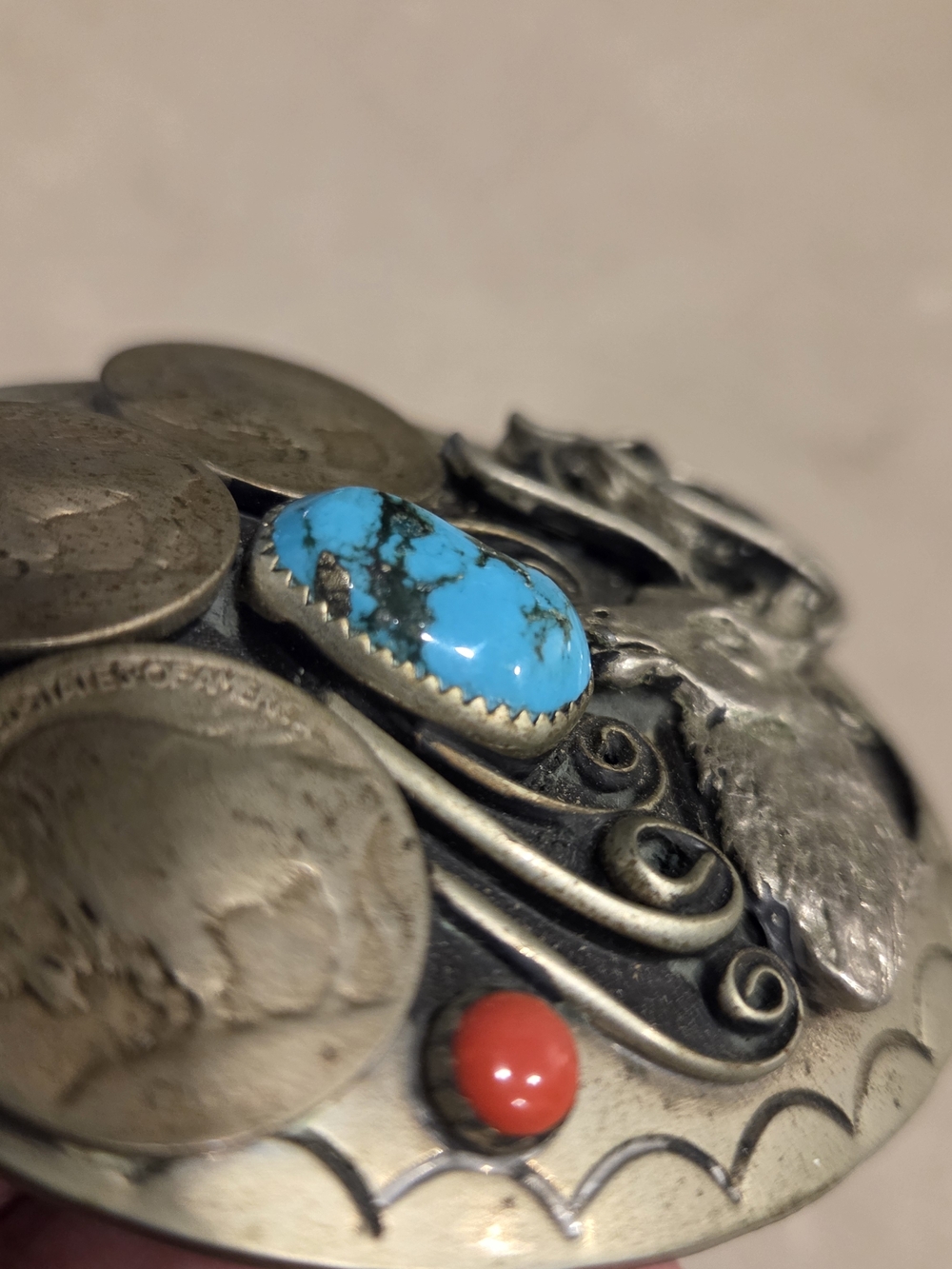 Vintage Navajo Silver Turquoise & Coral Belt Buckle By, Squaw Wrap - Picture 7 of 11
